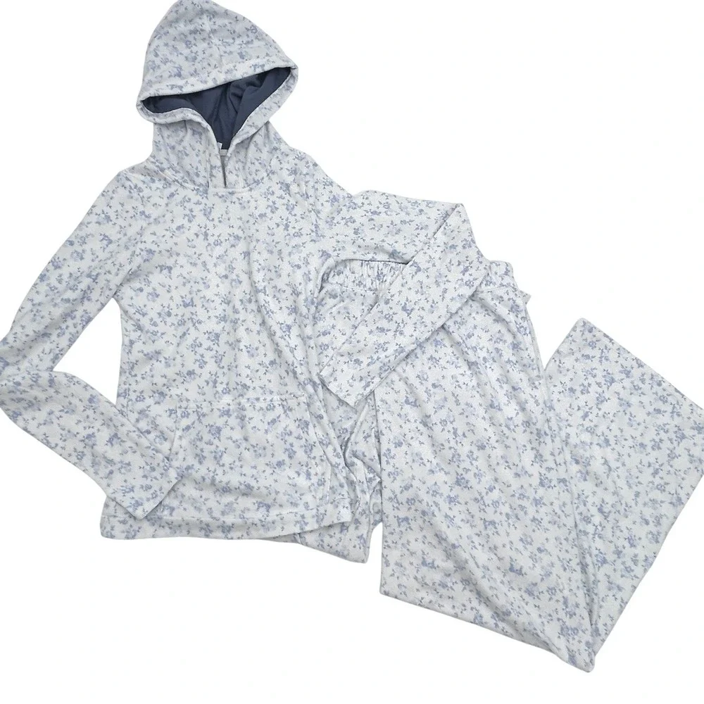 Hollister Blue Floral Flannel Pajama Set Hooded Top Lounge Sleepwear coquette